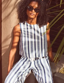 Cotton Linen Blend Striped Crew Neck Top