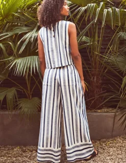 Cotton Linen Blend Striped Crew Neck Top