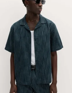 Cotton Linen Blend Striped Short Sleeve Shirt
