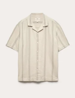 Cotton Linen Blend Striped Short Sleeve Shirt