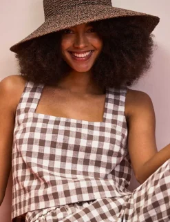 Cotton Linen Gingham Square Neck Vest Top