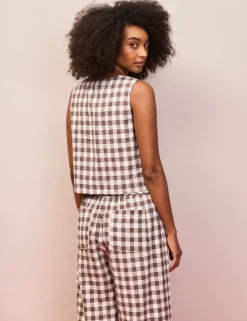 Cotton Linen Gingham Square Neck Vest Top