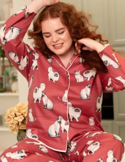 Cotton Modal Cat Print Revere Pyjama Top