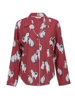 Cotton Modal Cat Print Revere Pyjama Top