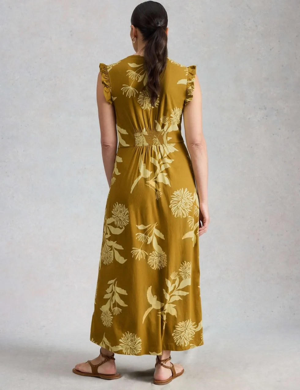Cotton Modal Floral V-Neck Maxi Waisted Dress