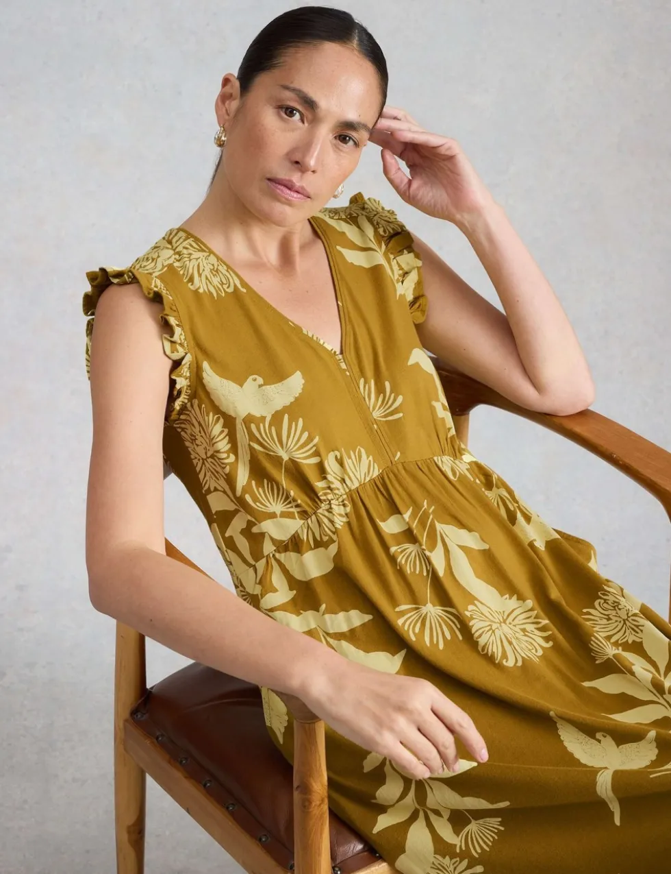 Cotton Modal Floral V-Neck Maxi Waisted Dress