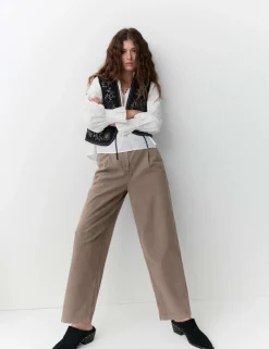 Cotton Pleat Front Barrel Leg Trousers