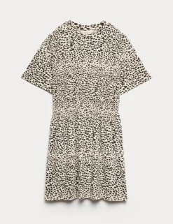 Cotton Rich Animal Print Shirred Mini T-Shirt Dress