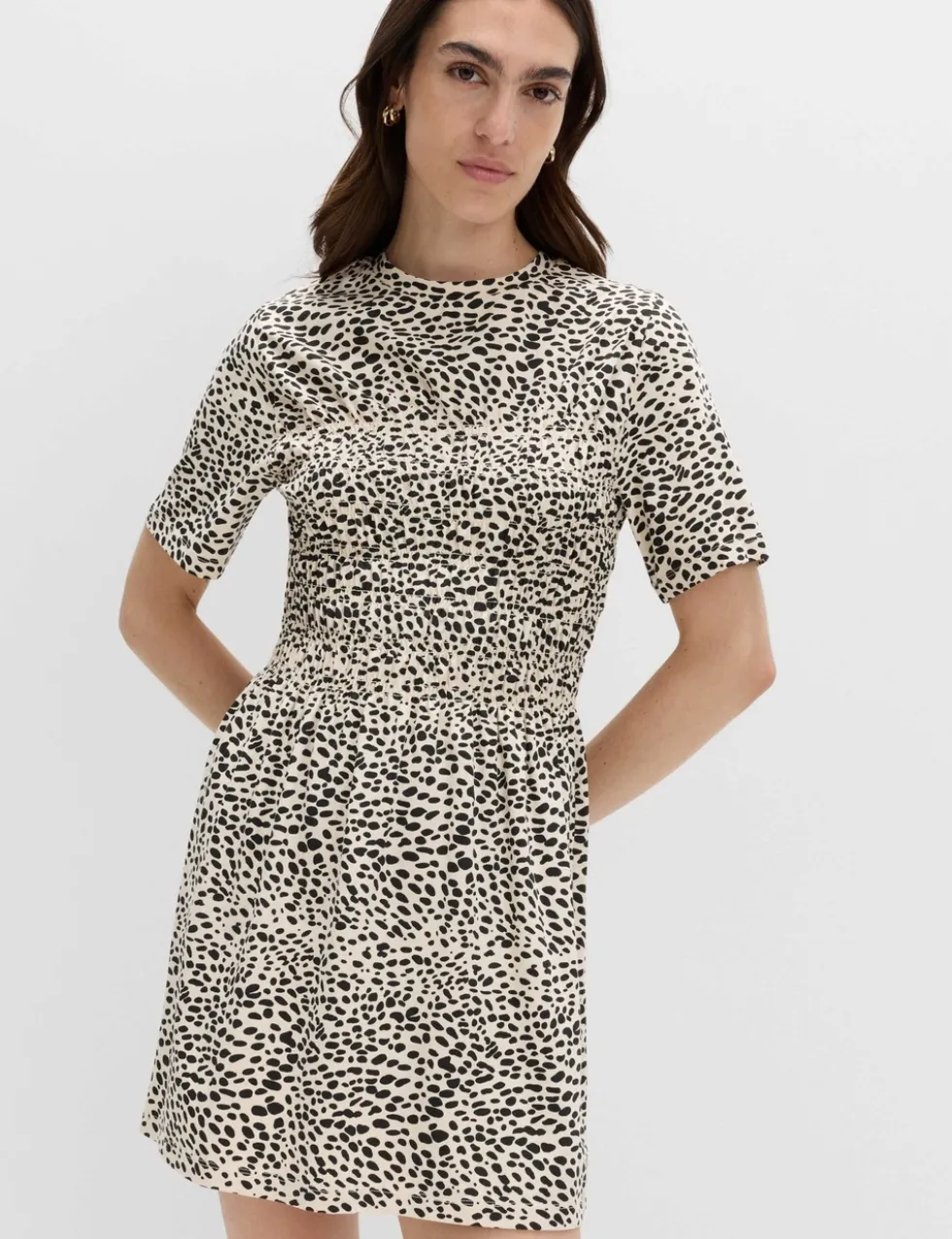 Cotton Rich Animal Print Shirred Mini T-Shirt Dress