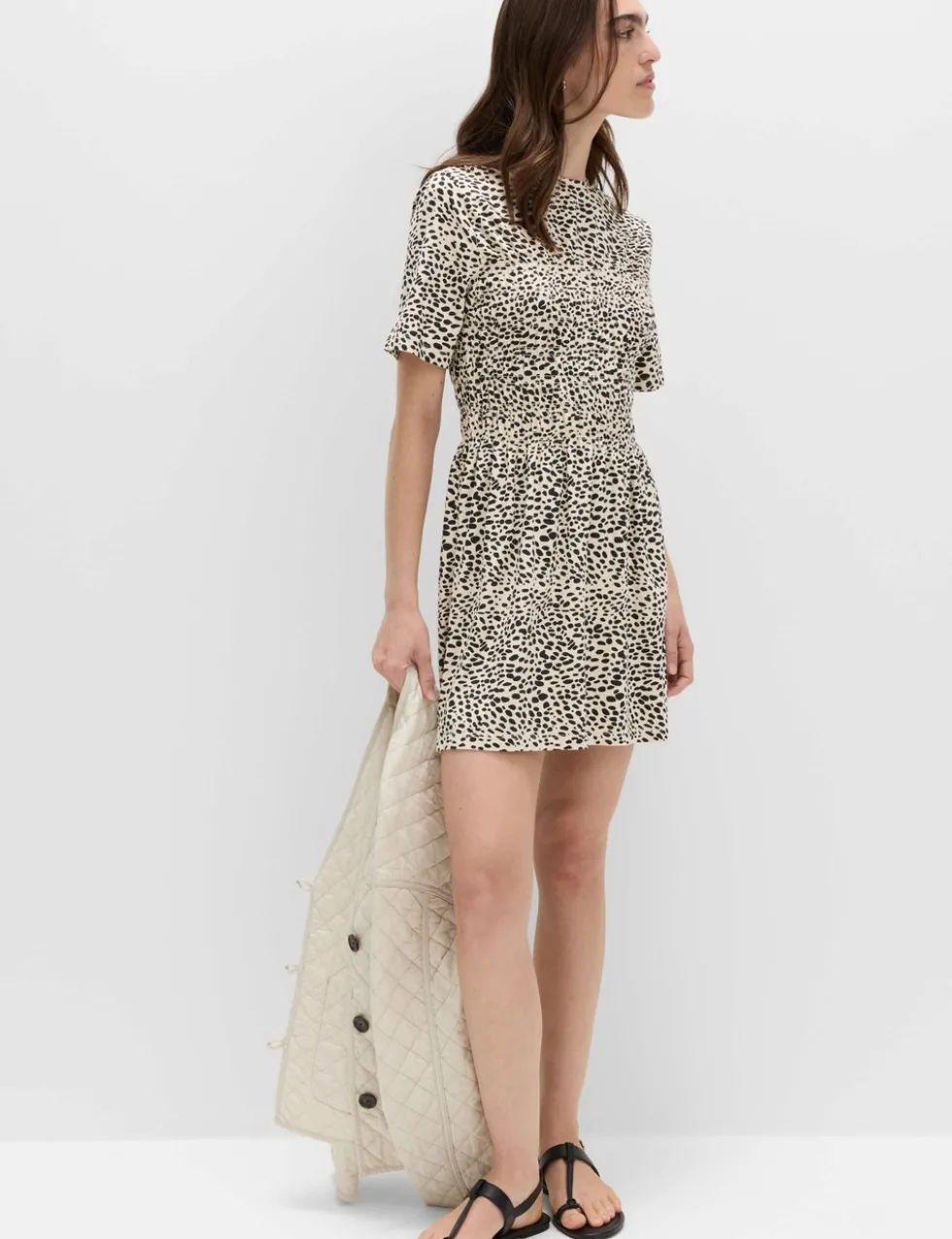 Cotton Rich Animal Print Shirred Mini T-Shirt Dress