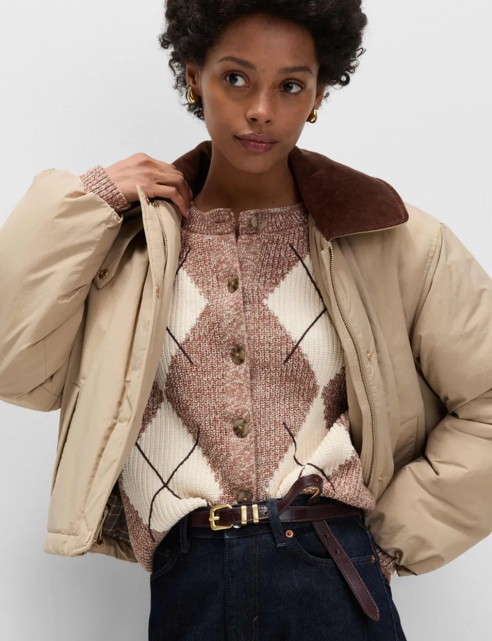 Cotton Rich Argyle Crew Neck Cardigan