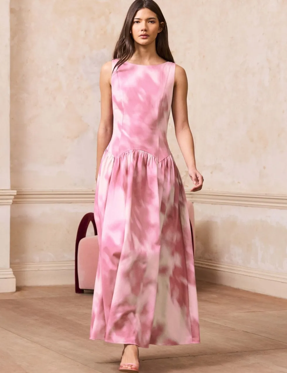 Cotton Rich Blurred Print Maxi Waisted Dress