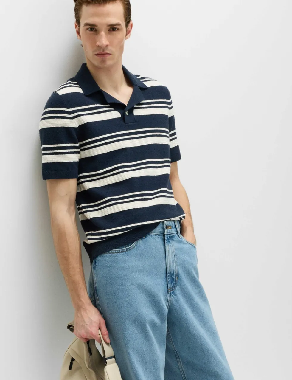 Cotton Rich Bold Striped Boucle Polo Shirt
