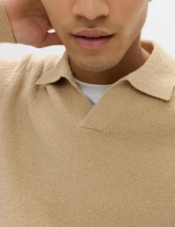 Cotton Rich Boucle Open Neck Knitted Polo Shirt