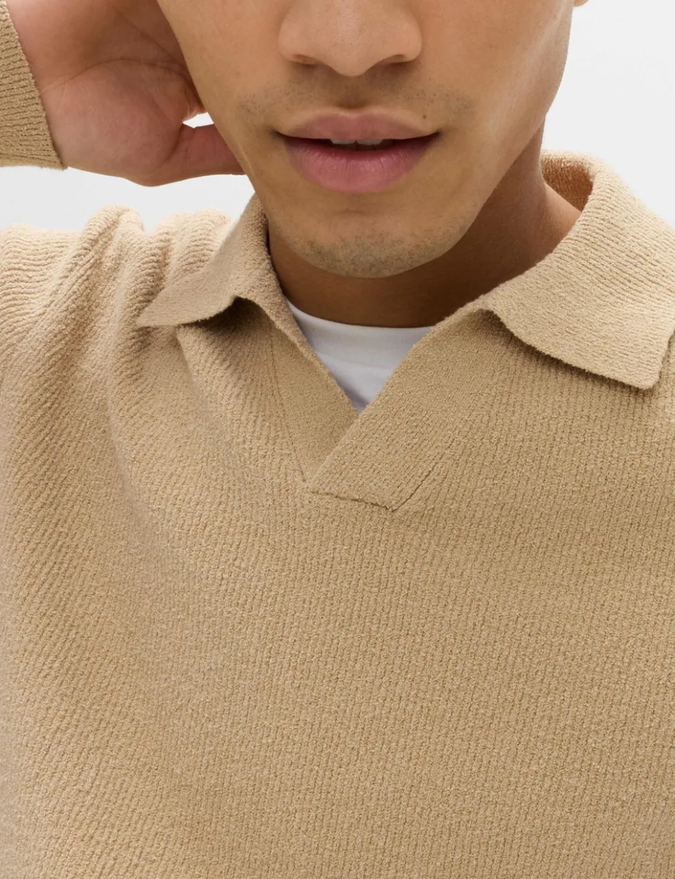 Cotton Rich Boucle Open Neck Knitted Polo Shirt