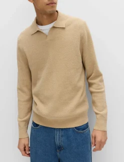Cotton Rich Boucle Open Neck Knitted Polo Shirt