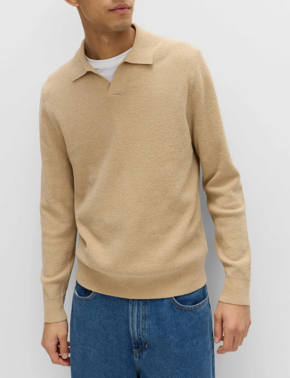 Cotton Rich Boucle Open Neck Knitted Polo Shirt