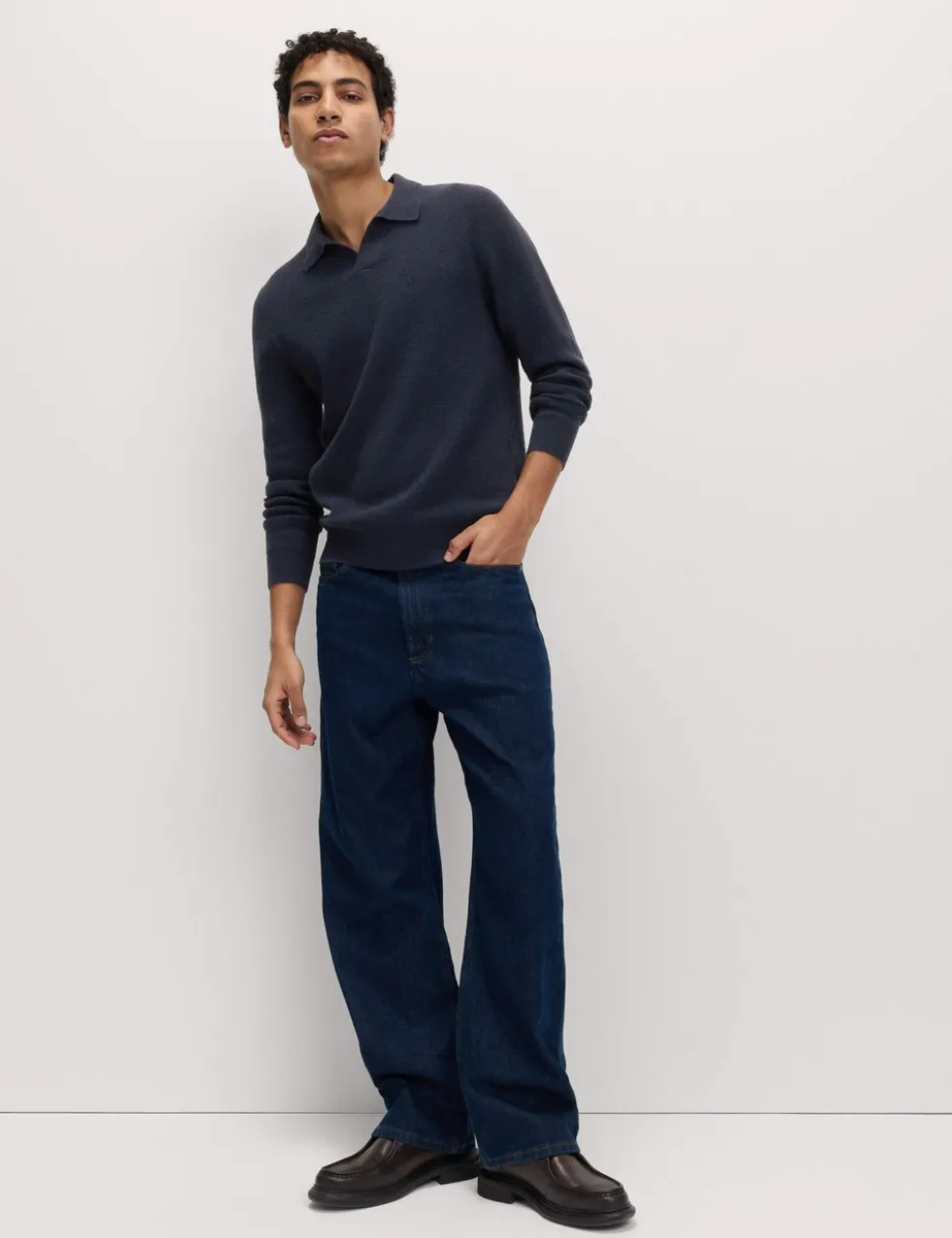 Cotton Rich Boucle Open Neck Knitted Polo Shirt