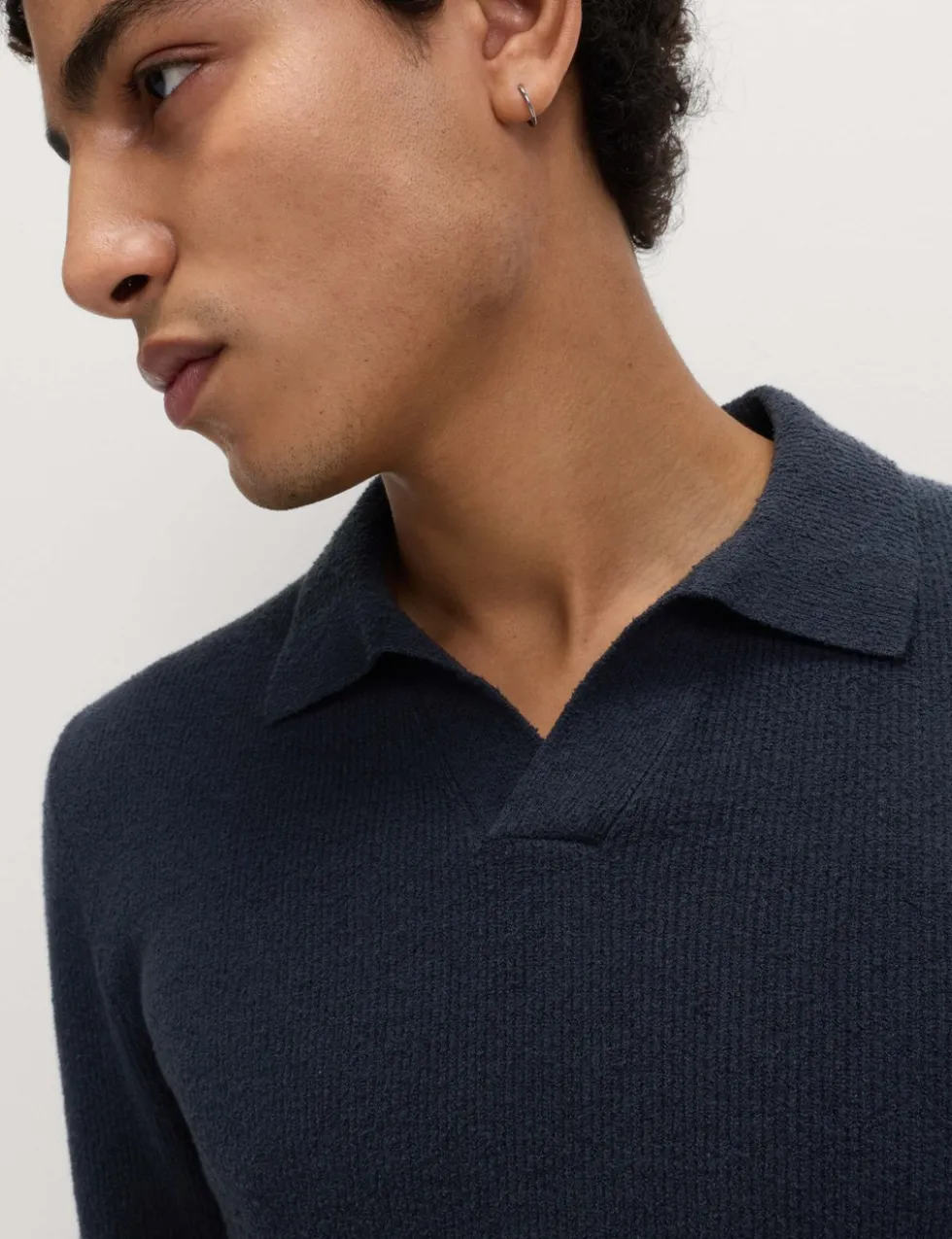 Cotton Rich Boucle Open Neck Knitted Polo Shirt
