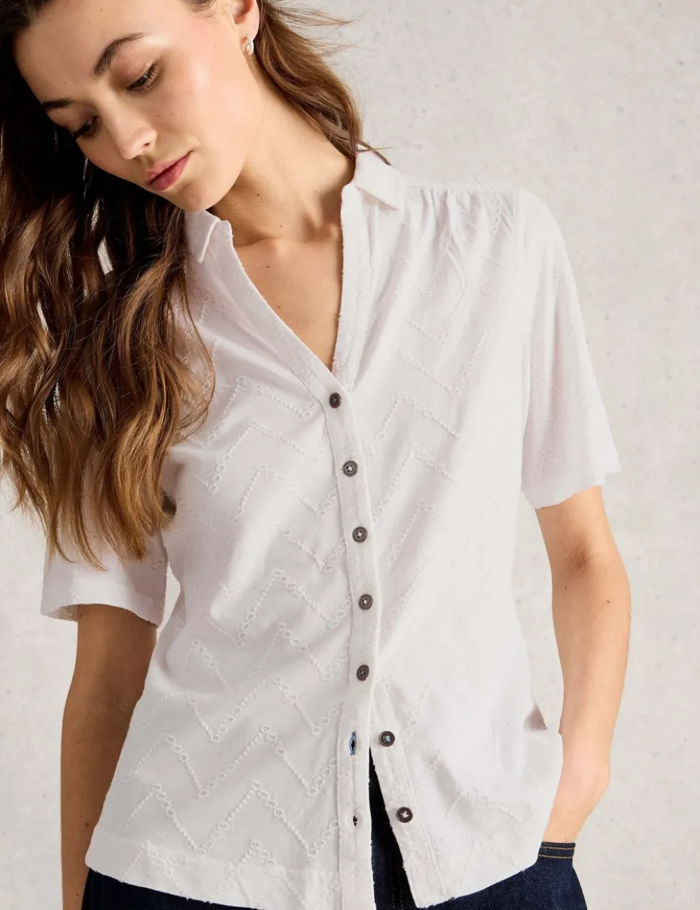 Cotton Rich Broderie Button Through Shirt