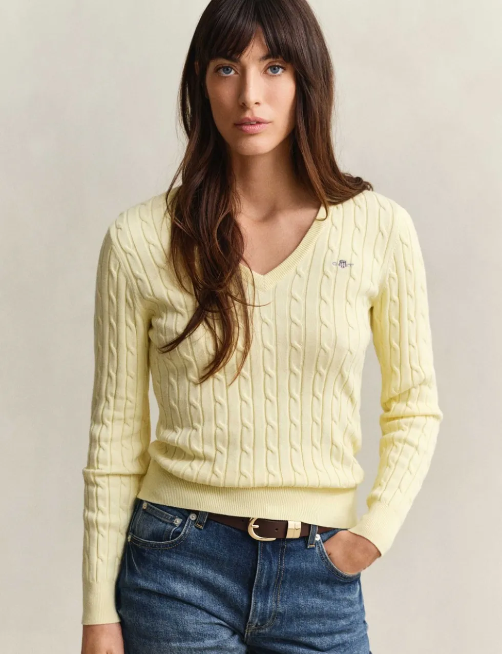 Cotton Rich Cable Knit V-Neck Jumper