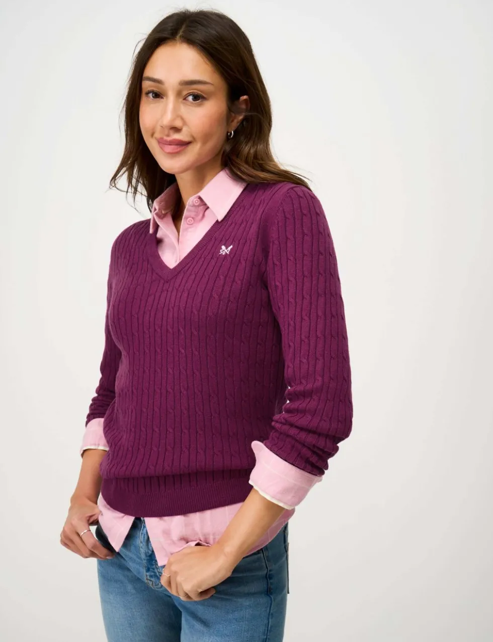 Cotton Rich Cable Knit V-Neck Jumper