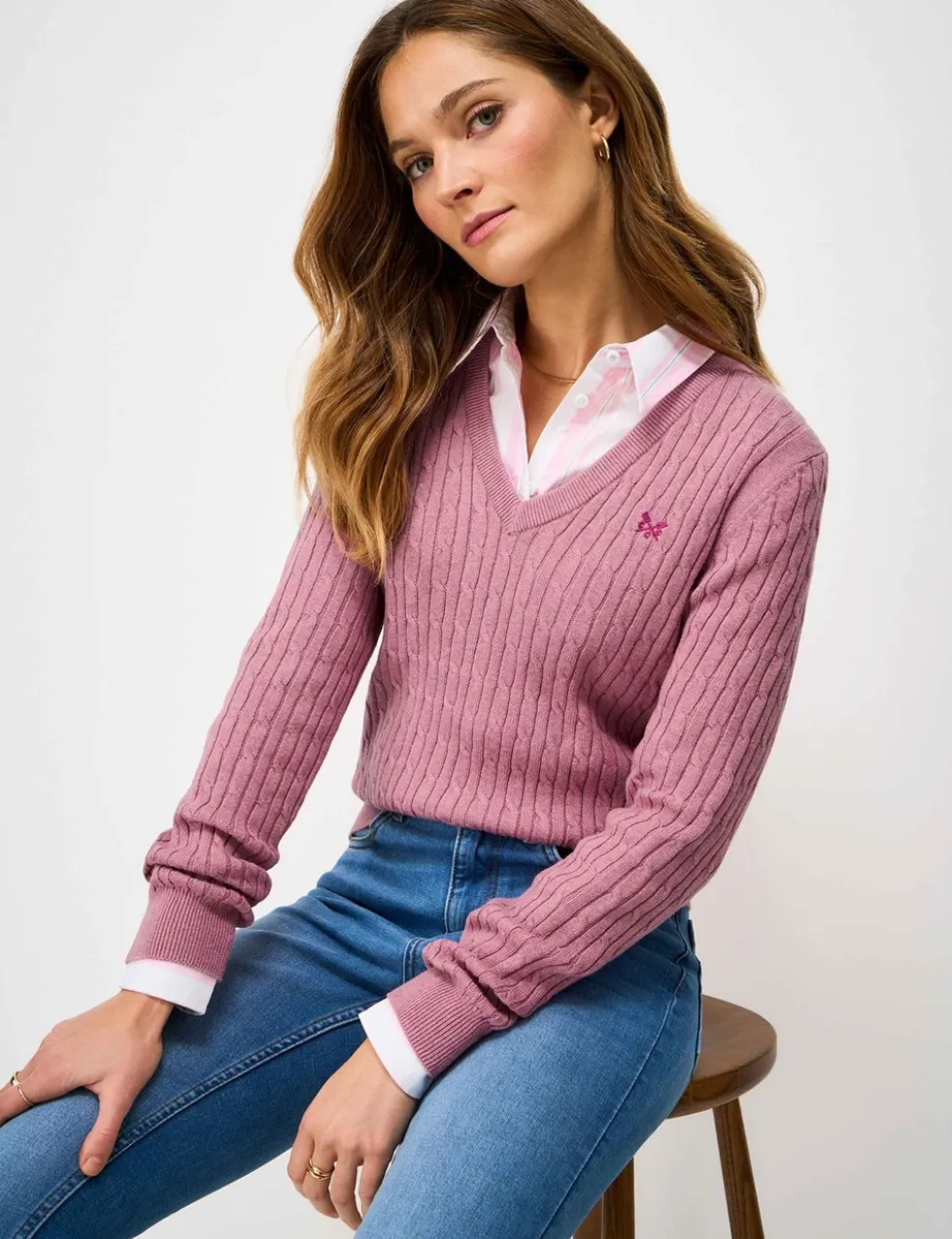 Cotton Rich Cable Knit V-Neck Jumper