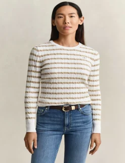 Cotton Rich Cable Striped Crew Neck Jumper