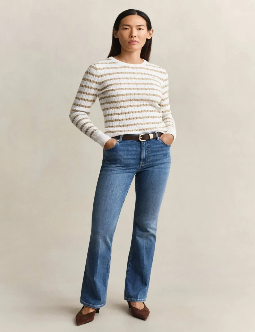 Cotton Rich Cable Striped Crew Neck Jumper