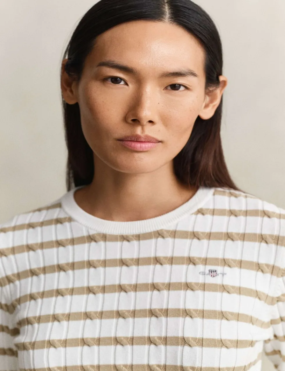 Cotton Rich Cable Striped Crew Neck Jumper