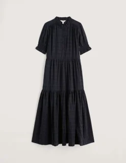 Cotton Rich Checked High Neck Midi Tiered Dress