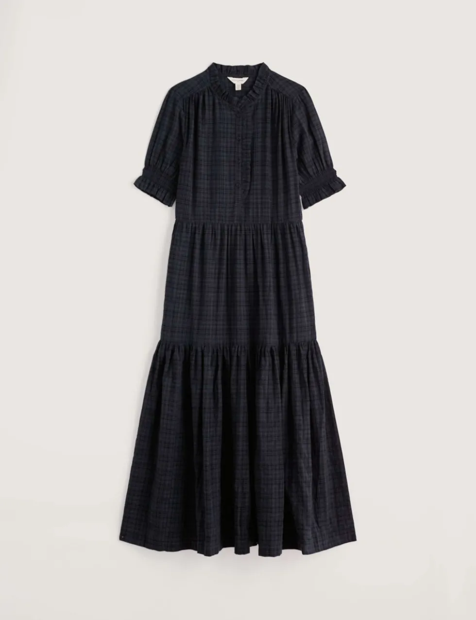 Cotton Rich Checked High Neck Midi Tiered Dress