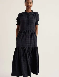 Cotton Rich Checked High Neck Midi Tiered Dress
