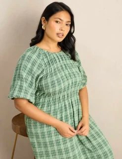Cotton Rich Checked Maxi Shirred Dress