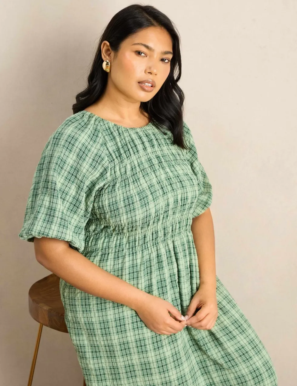 Cotton Rich Checked Maxi Shirred Dress