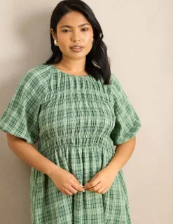 Cotton Rich Checked Maxi Shirred Dress