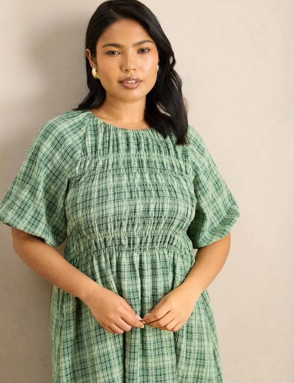 Cotton Rich Checked Maxi Shirred Dress