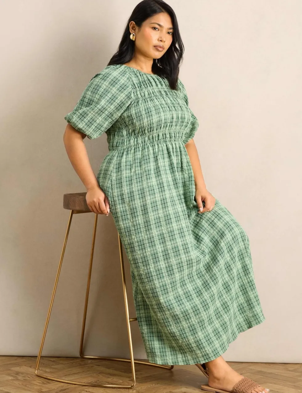Cotton Rich Checked Maxi Shirred Dress