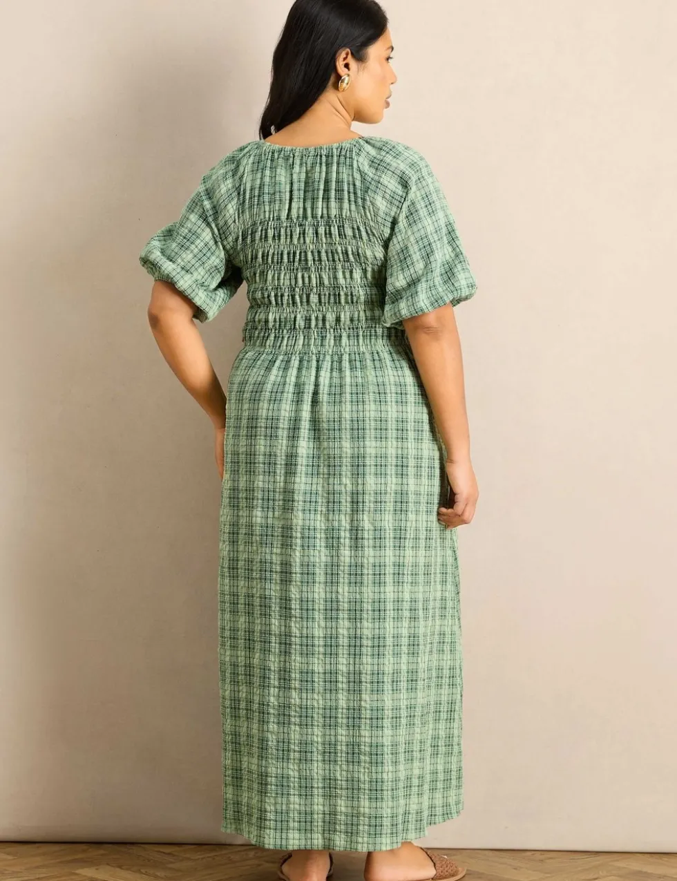 Cotton Rich Checked Maxi Shirred Dress