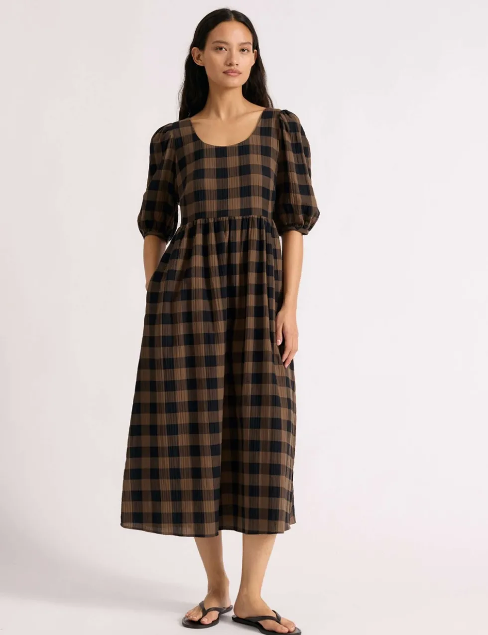 Cotton Rich Checked Midi Waisted Dress