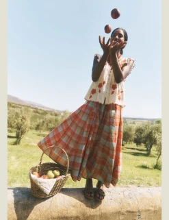 Cotton Rich Checked Midi A-Line Skirt