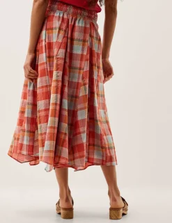 Cotton Rich Checked Midi A-Line Skirt