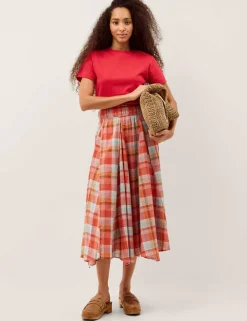 Cotton Rich Checked Midi A-Line Skirt