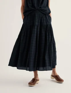Cotton Rich Checked Midi A-Line Tiered Skirt