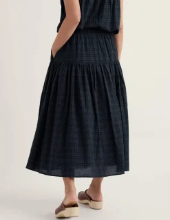 Cotton Rich Checked Midi A-Line Tiered Skirt