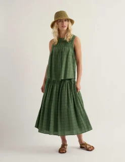 Cotton Rich Checked Midi A-Line Tiered Skirt