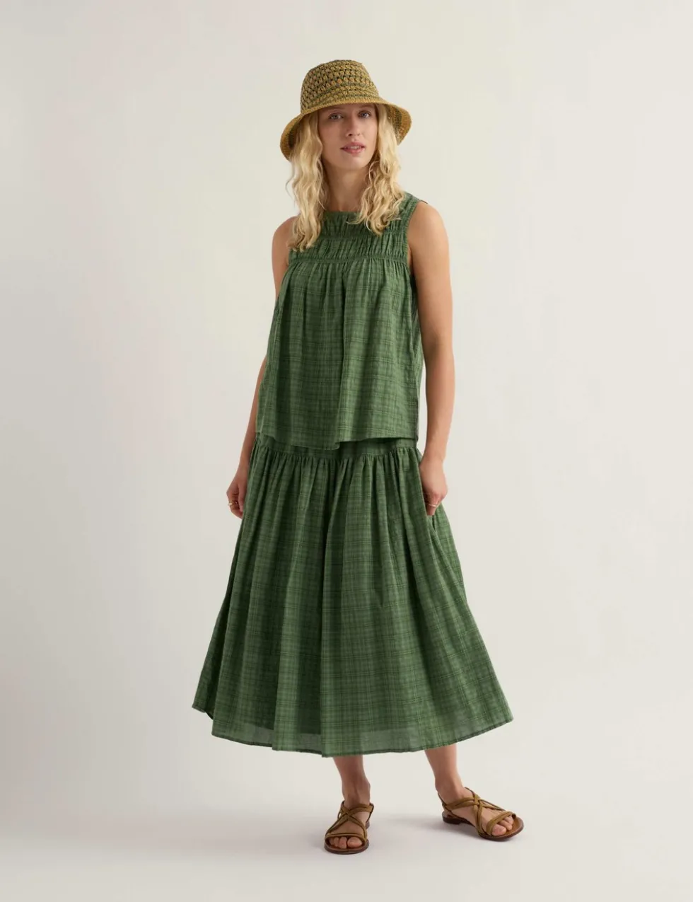Cotton Rich Checked Midi A-Line Tiered Skirt