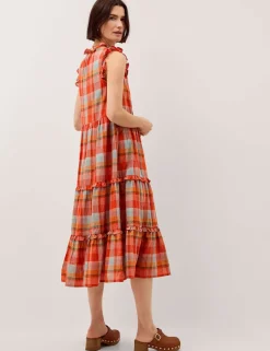 Cotton Rich Checked Notch Neck Midi Dress