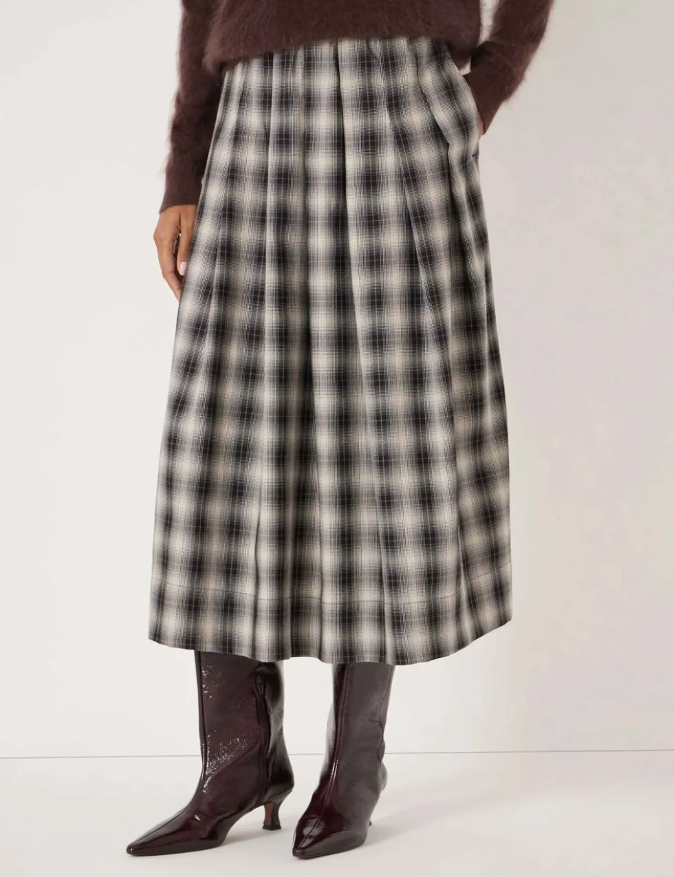 Cotton Rich Checked Pleated Midi Skirt