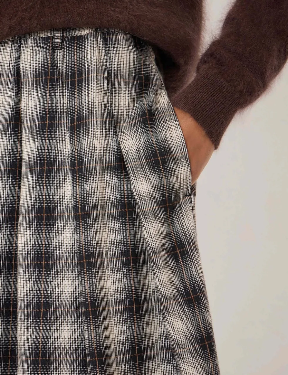 Cotton Rich Checked Pleated Midi Skirt